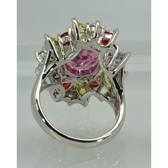 Vintage Ring Size 8 Silver Tone White Gold GP Pink CZ Diamond Cocktail - Picture 8 of 10